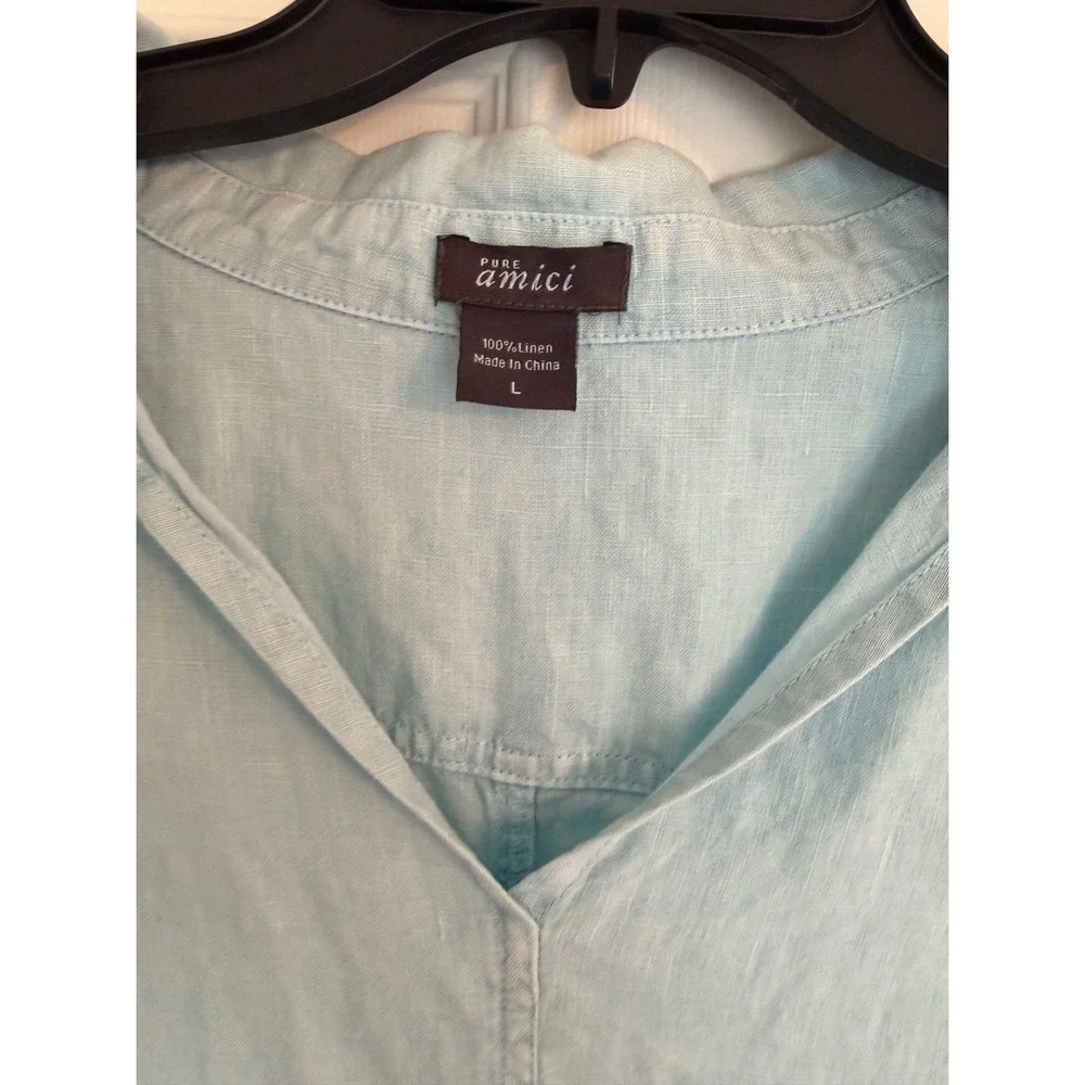 Pure Amici Light Blue 100% Linen Short Sleeve V-Neck Shift Dress L